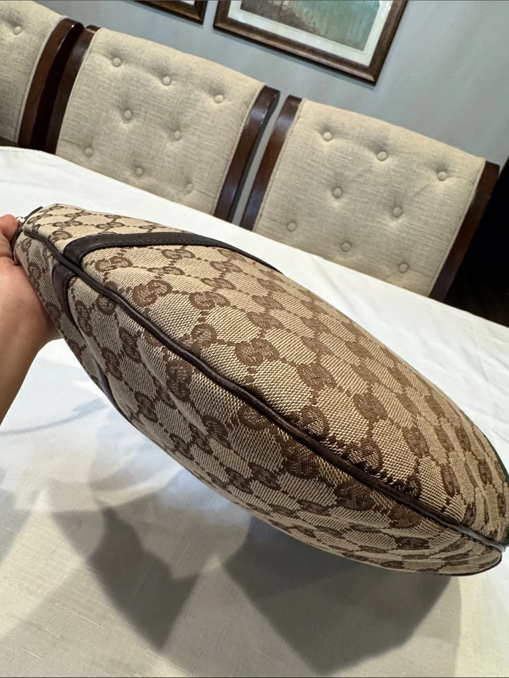 Authentic Gucci Beige GG Canvas Hobo with Red and Green Web Stripe
